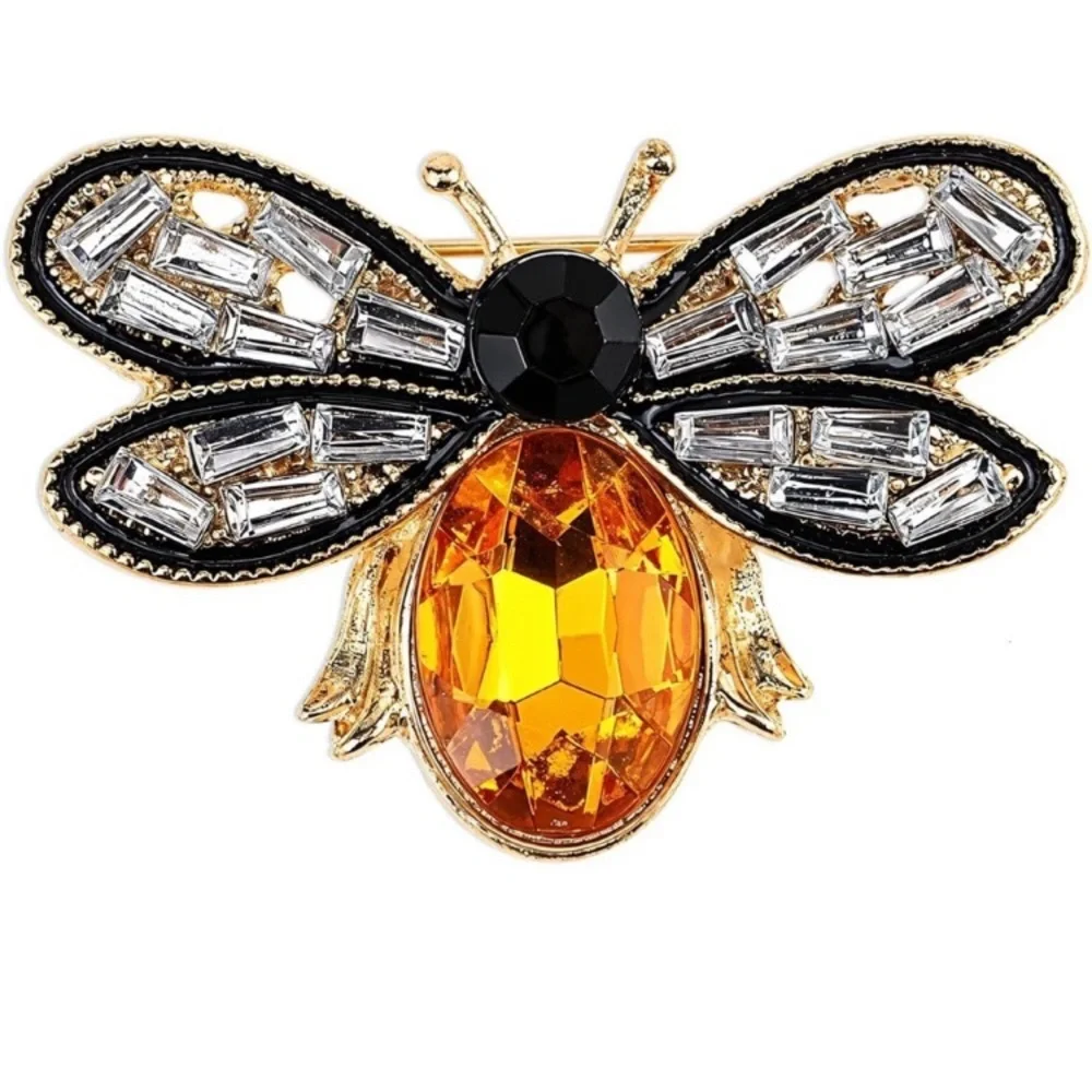 Vintage 24l Gold Plated Honey Bee Crystal Brooch with Amber and Black Accents